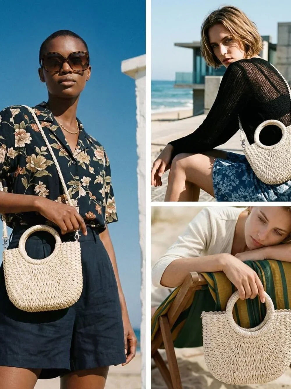 Straw Crochet Hobo Bag for Women, Handmade Purse with Top Handle Woven Half Moon_2